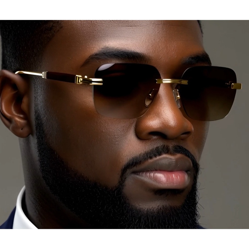 Rimless Square Sunglasses Gold Wood Accents Brown Gradient Lens Men Gafas Lentes